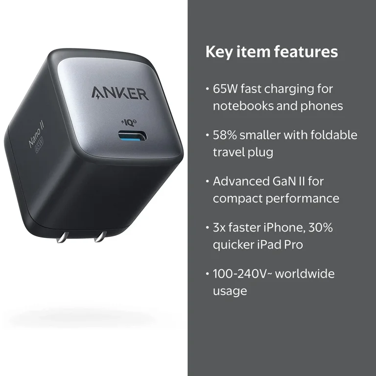 Anker Nano II 65W GaN II PPS USB C Charger, Foldable Compact