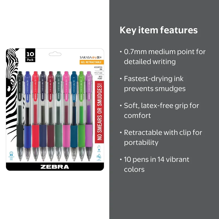 Zebra Sarasa Dry X20 Retractable Gel Pen, 0.7 mm, Assorted 10ct