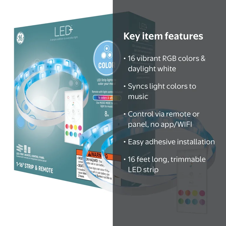 GE LED+ Color Changing LED Light Strip, 8 Watt, 16ft, Remote