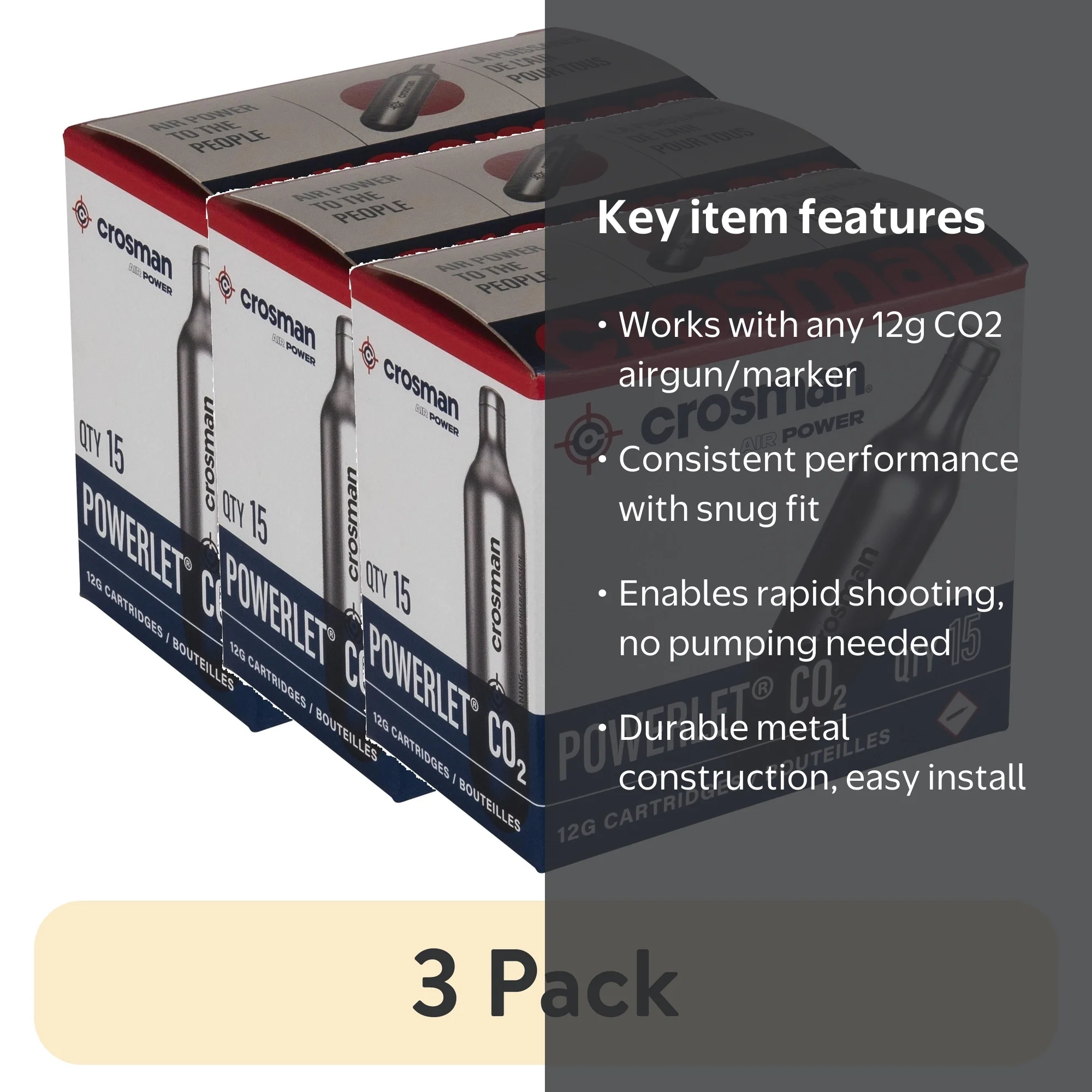 3 pack) Crosman 12 Gram CO2 Powerlet, 15 Count, C2315, for Airguns