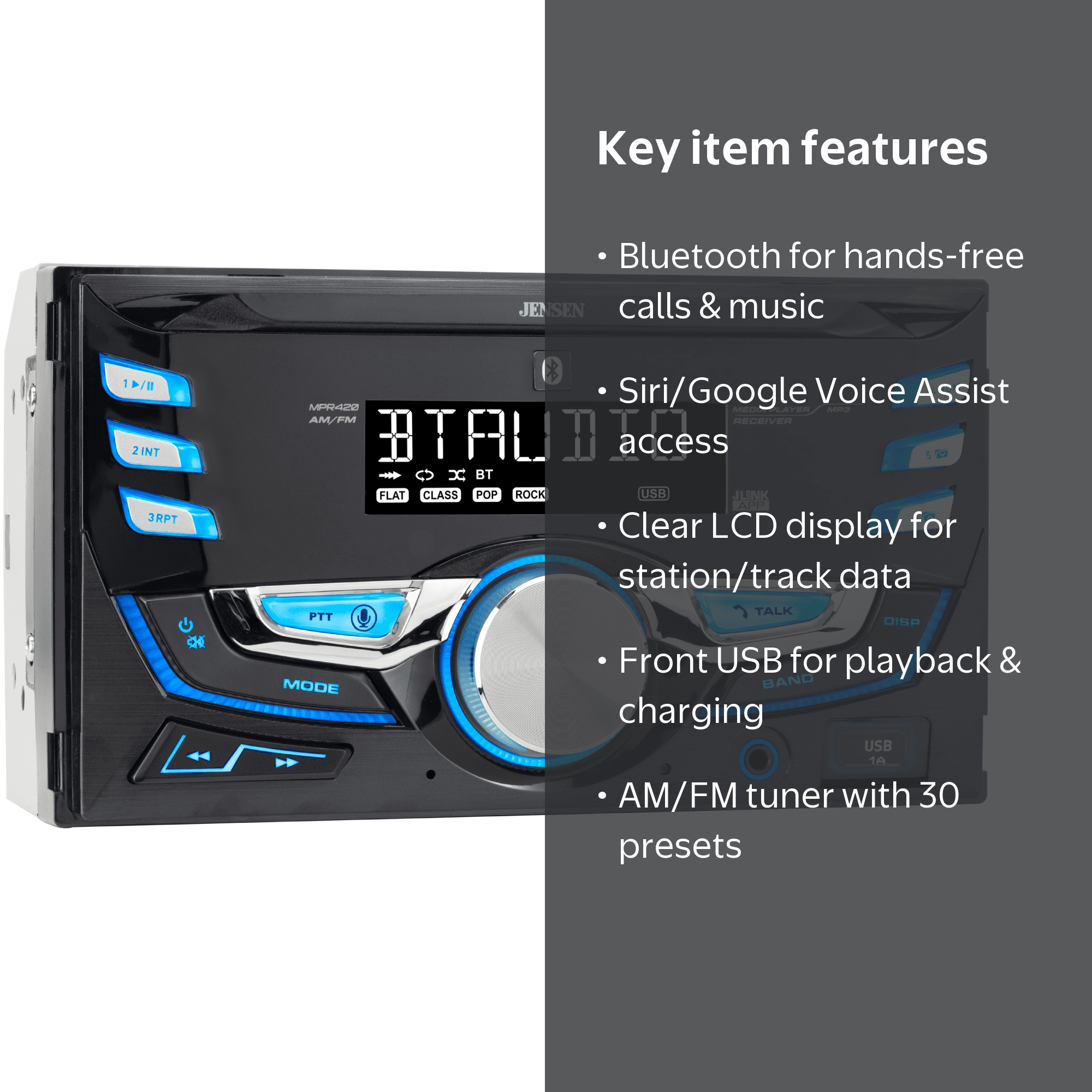 Jensen, Double DIN Car Stereo, Bluetooth, USB, Push to Talk