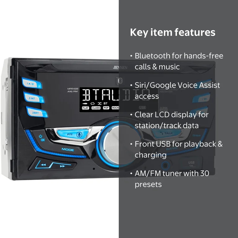 Jensen, Double DIN Car Stereo, Bluetooth, USB, Push to Talk