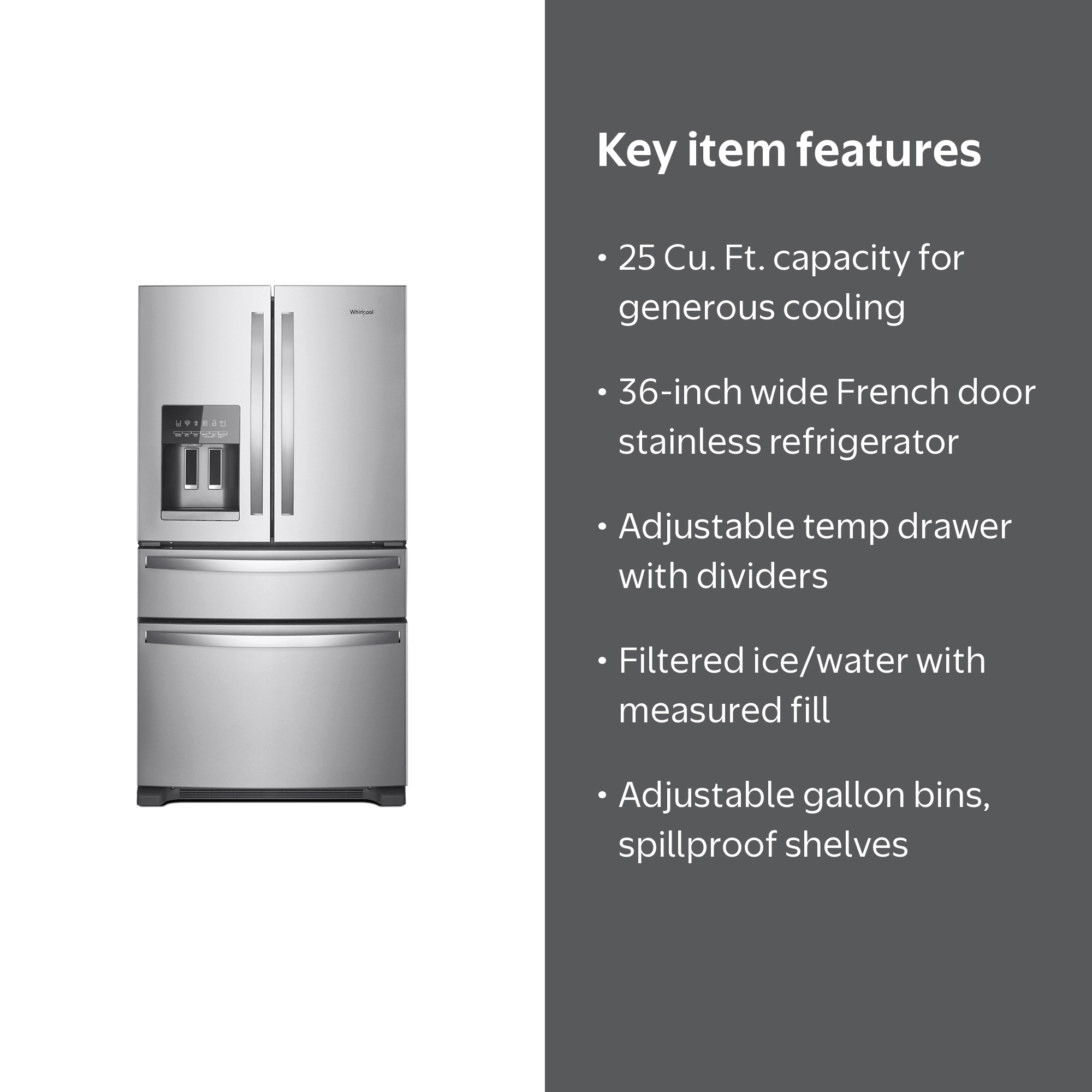 Whirlpool 25 Cu. Ft. 4 Door French Door Refrigerator, Stainless