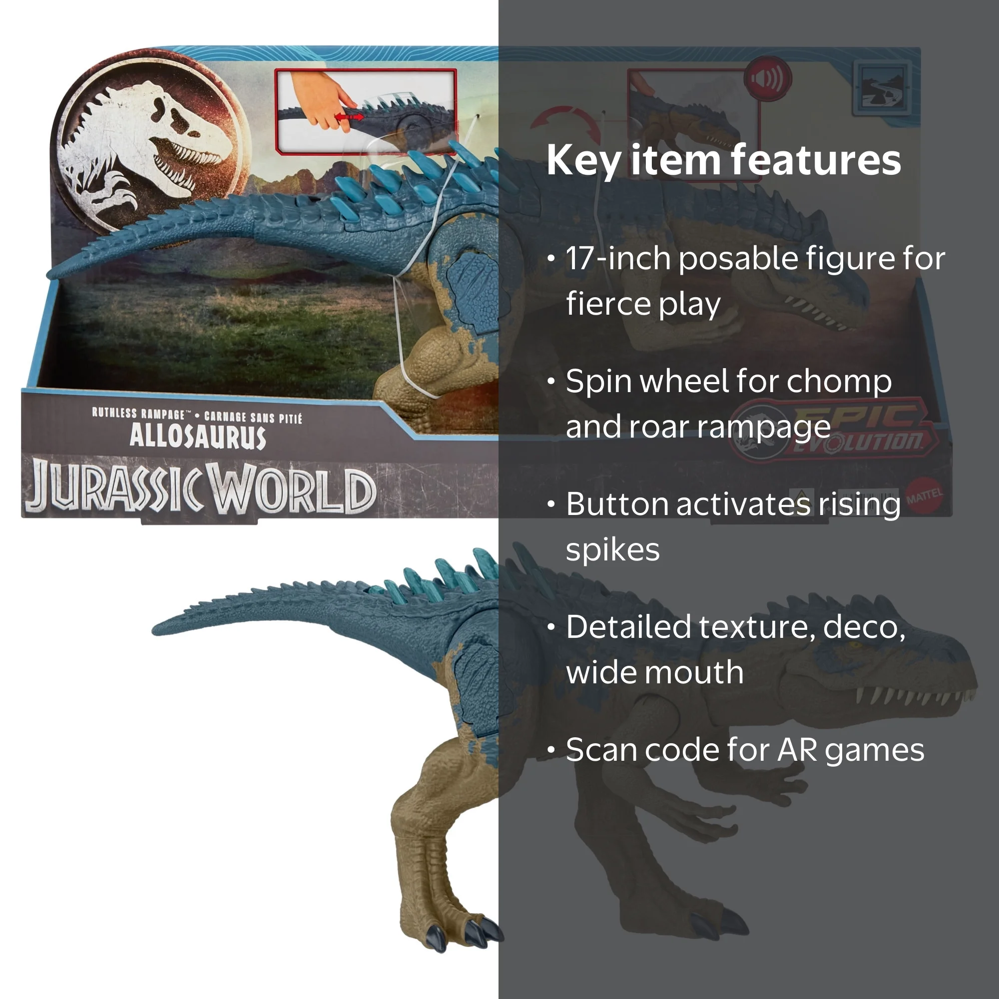 Jurassic World Allosaurus Epic Evolution – Figurine 43 Cm Articulée – Son Et Mouvements – Jeu Connecté – 4 Ans+
