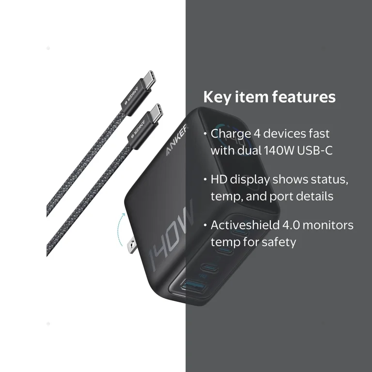 Anker 140W USB-C Charger, 4-Port Fast Charging Adapter, GaN Tech