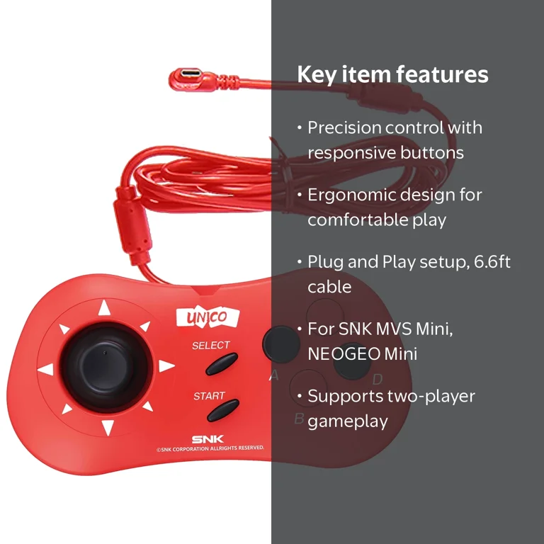 UNICO SNK Mini Controller Red, Wired Gamepad for MVS Mini, NEOGEO