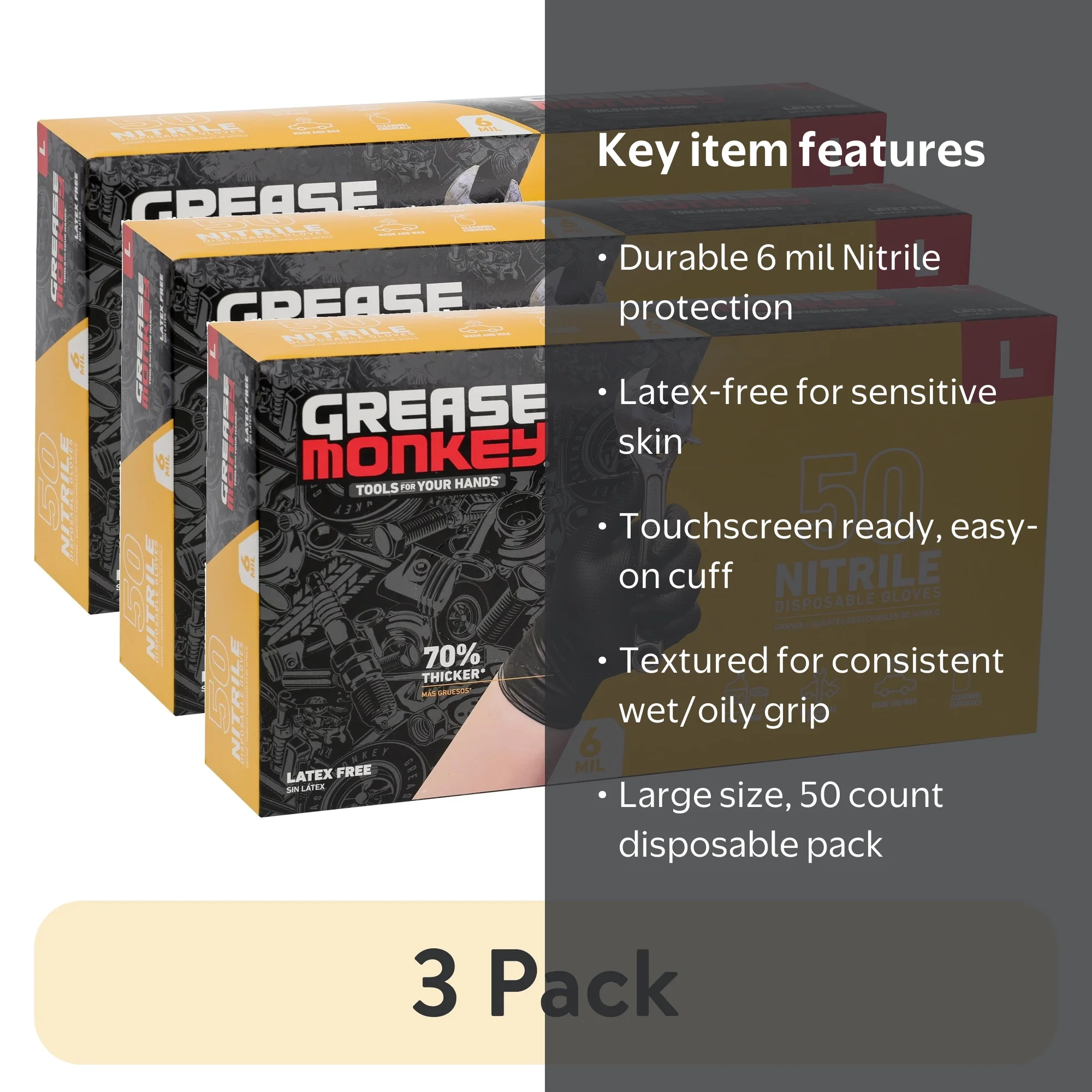 3 pack) Grease Monkey Nitrile Disposable Gloves, Latex Free