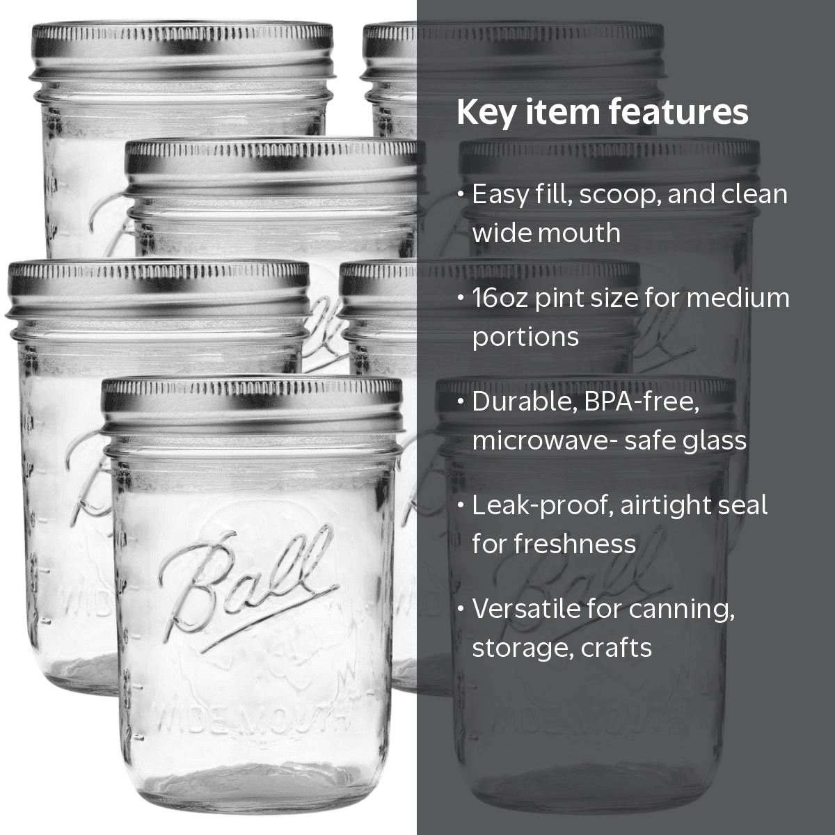 Ball, Mason Jar, 16 OZ, Wide Mouth Pint Size, Pack of 8 - Walmart.com