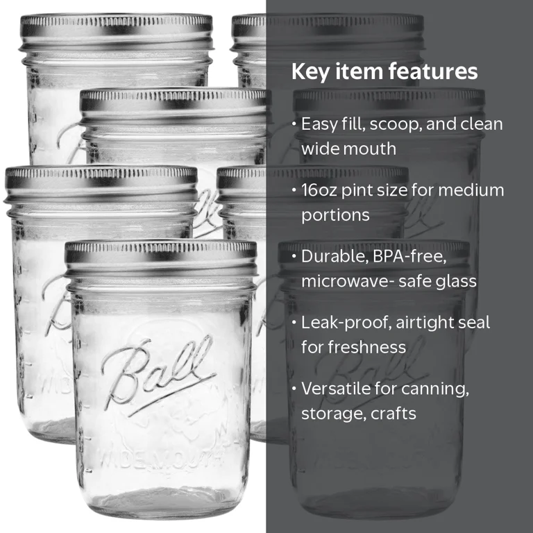 Ball Glass Mason Jar, Wide Mouth, Pint Size, 16 oz (Pack of 8)