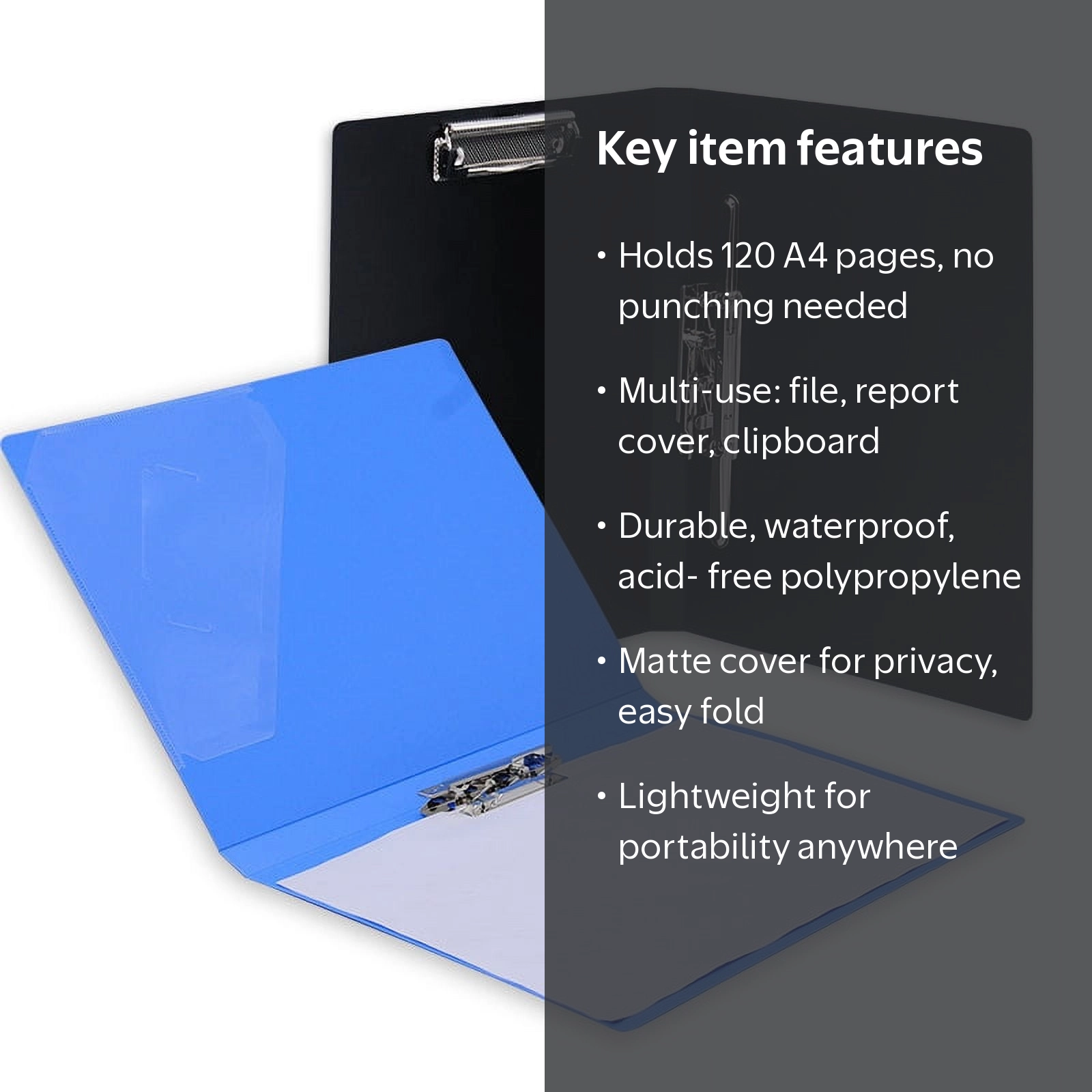 Blue A4 Size Plastic Punchless Binder Portfolio with Jumbo Clamp