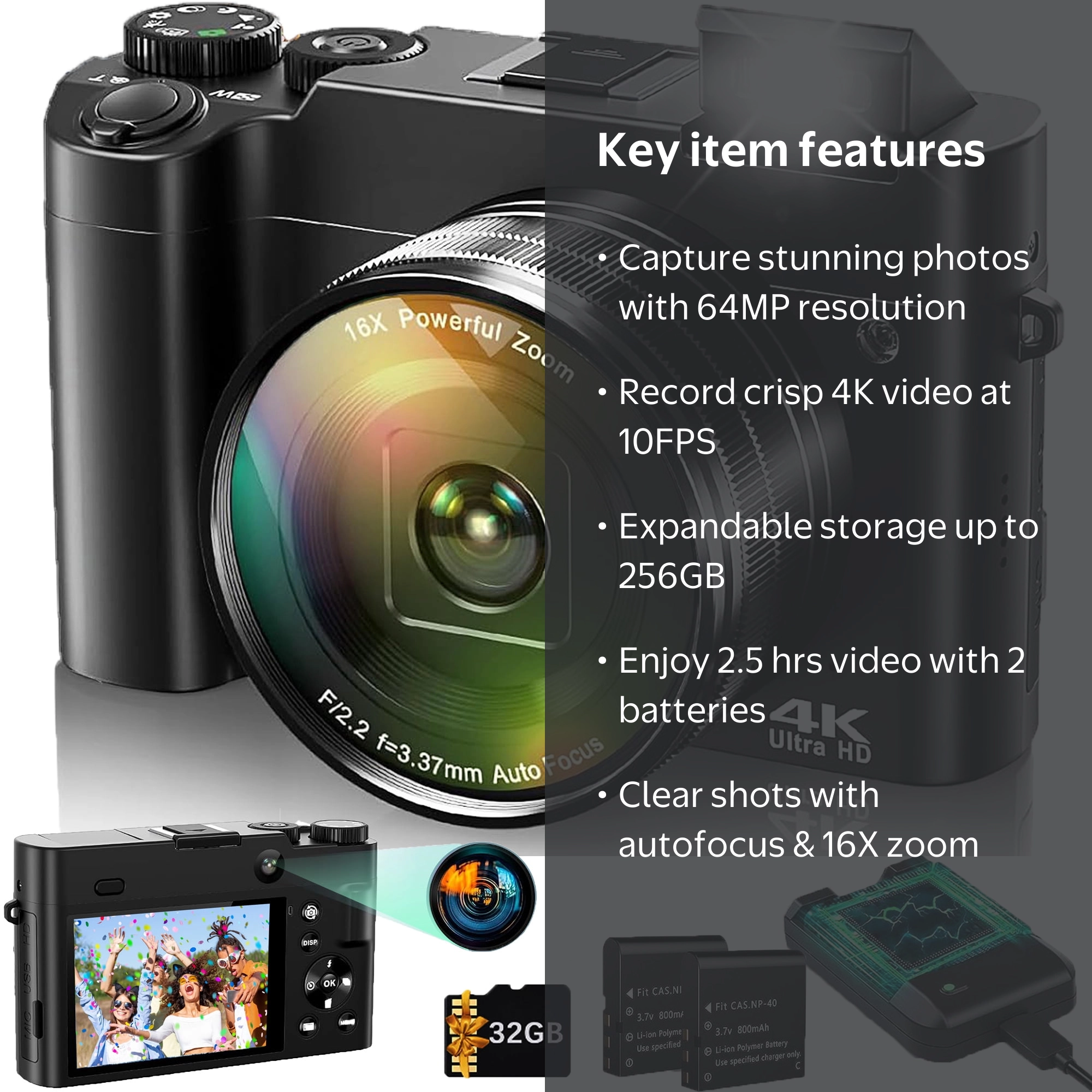 ACTITOP 4K Digital Camera, 64MP Vlogging Camera, Dual Lens, 16x