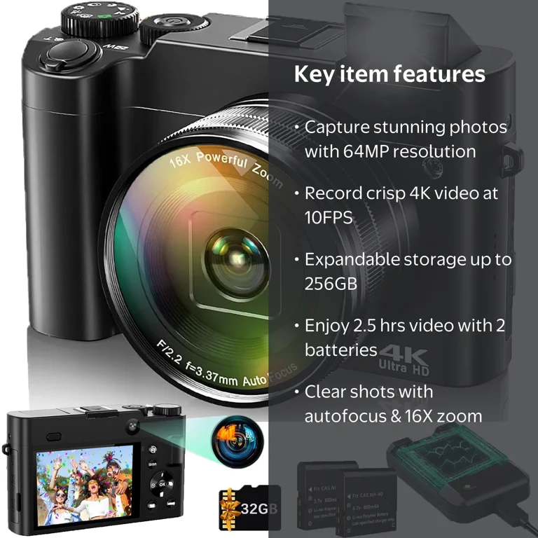 ACTITOP 4K Digital Camera, 64MP Vlogging Camera, Dual Lens, 16x
