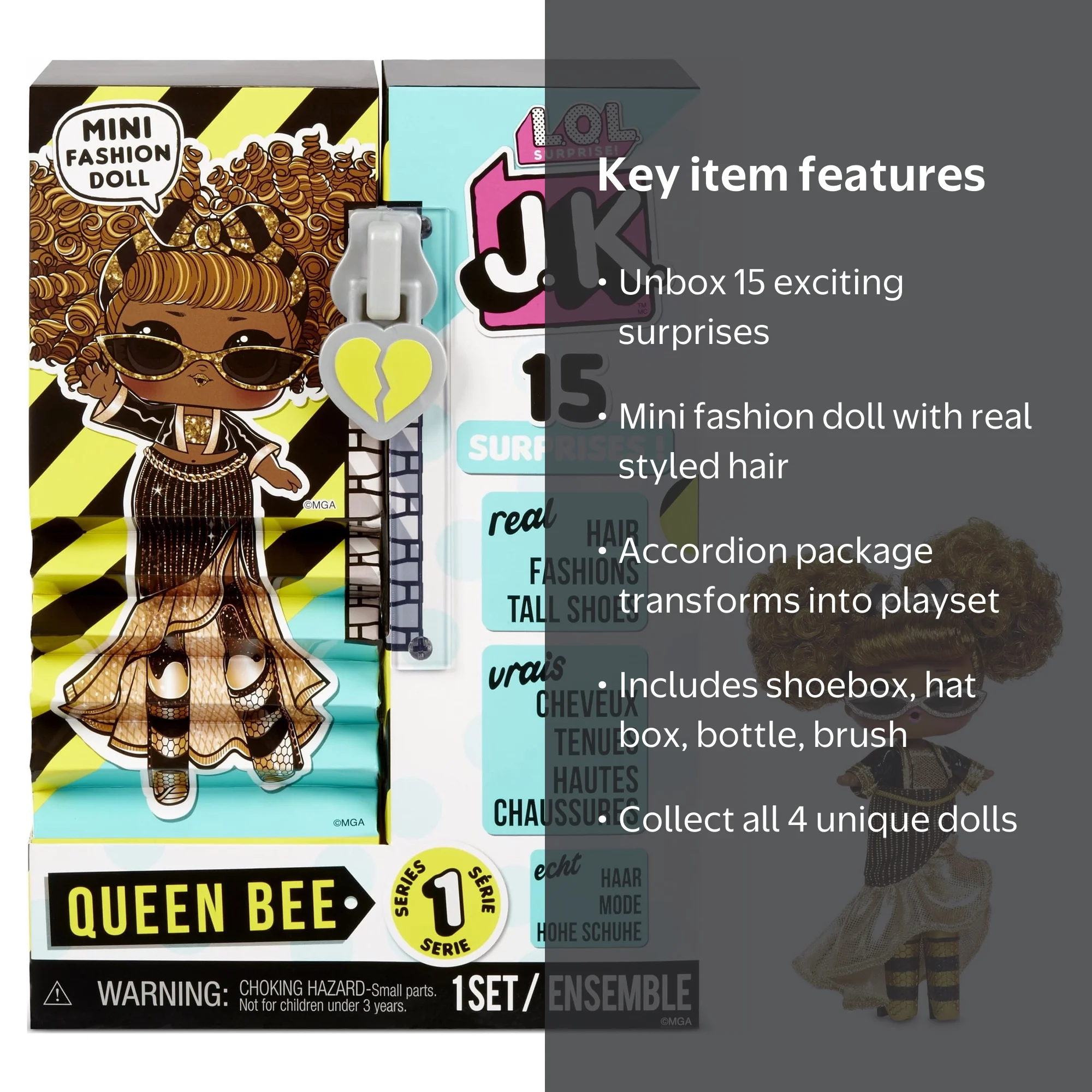 LOL Surprise JK Queen Bee Mini Fashion Doll With Real Hair, Shoes