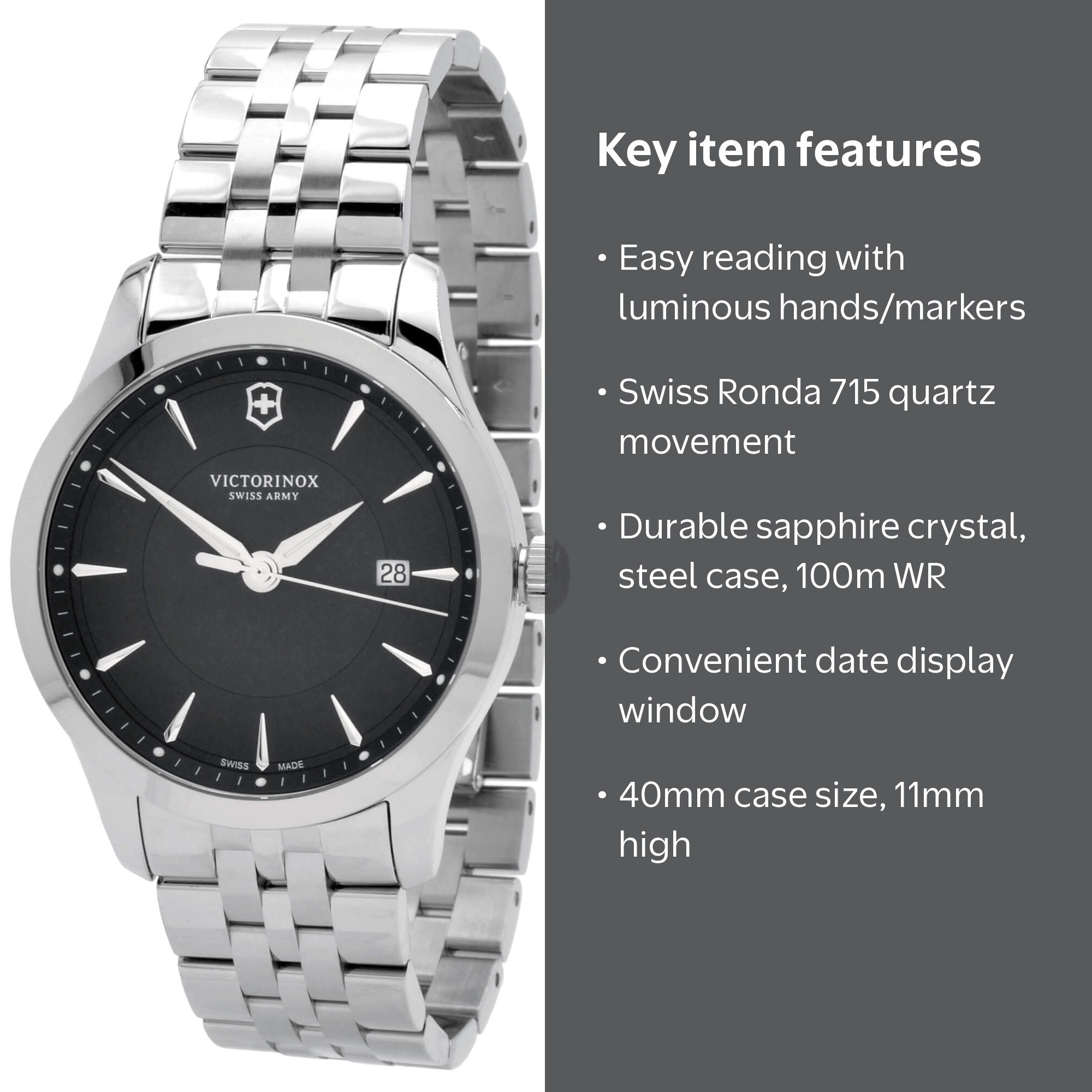 Victorinox Men's 241801 Alliance Watch Silver 40mm Black Dial