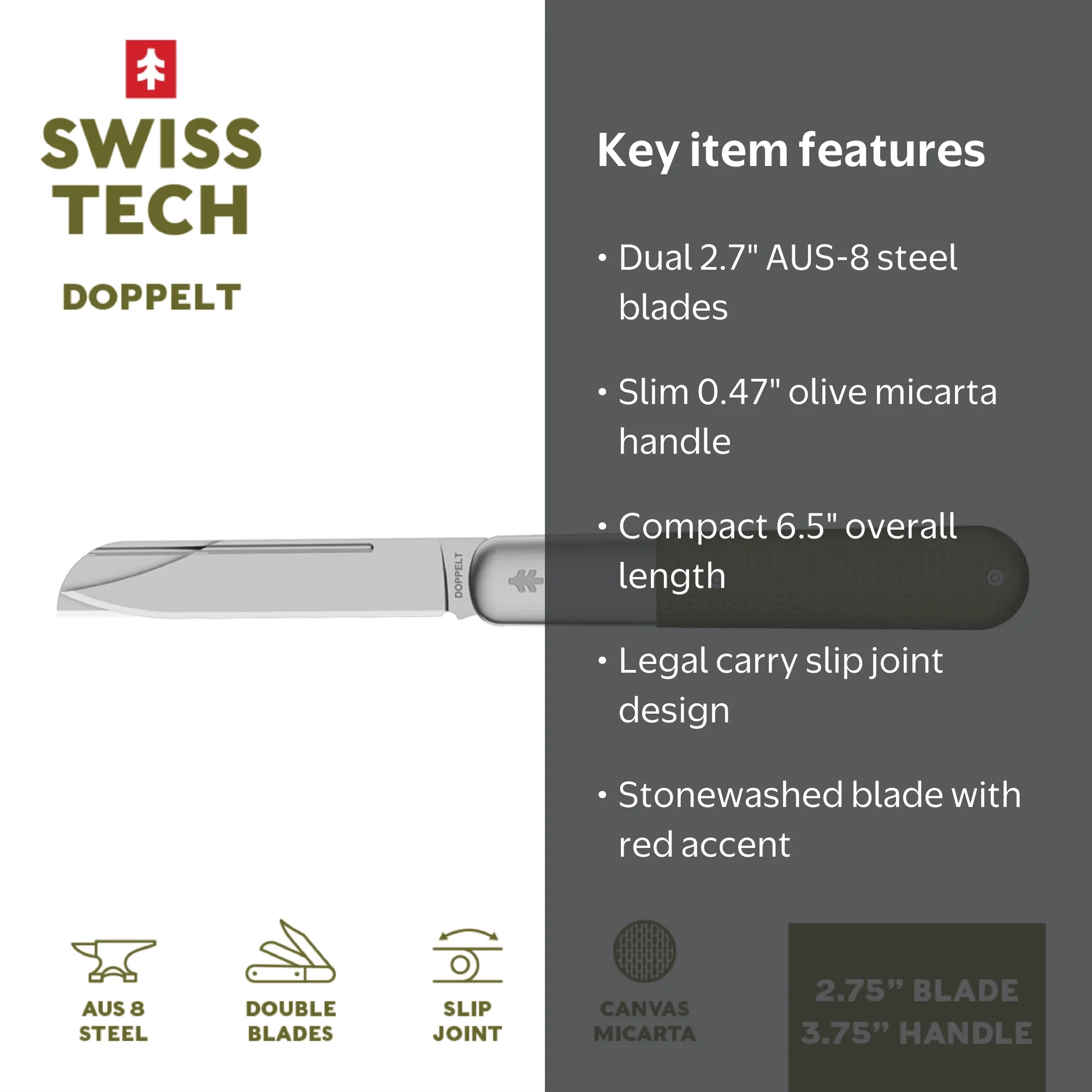 Swiss Tech Doppelt Folding Knife, Olive Micarta Handle, Dual AUS-8