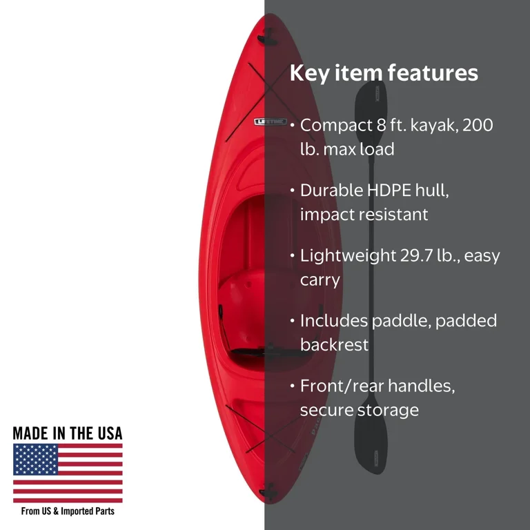 Lifetime Pacer 8 ft Sit-Inside Kayak with Paddle, Fire Red (91036