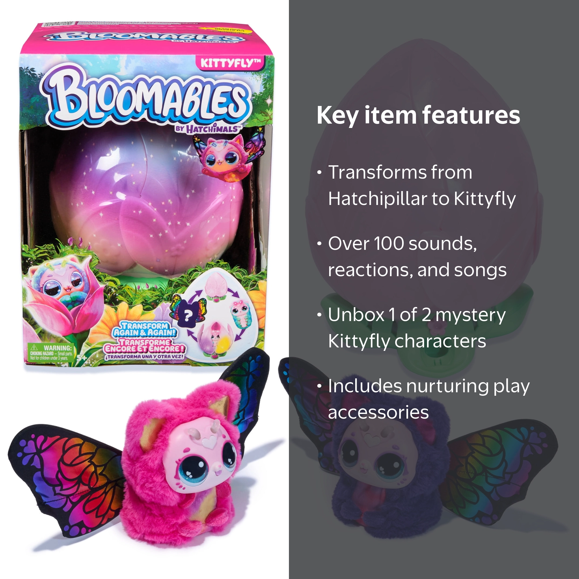 Hatchimals Bloomables KittyFly – Fleur Magique Avec Double éclosion – Chenille Et Papillon – 100 Sons Et Réactions – Dès 5 Ans – Violet Ou Rosie