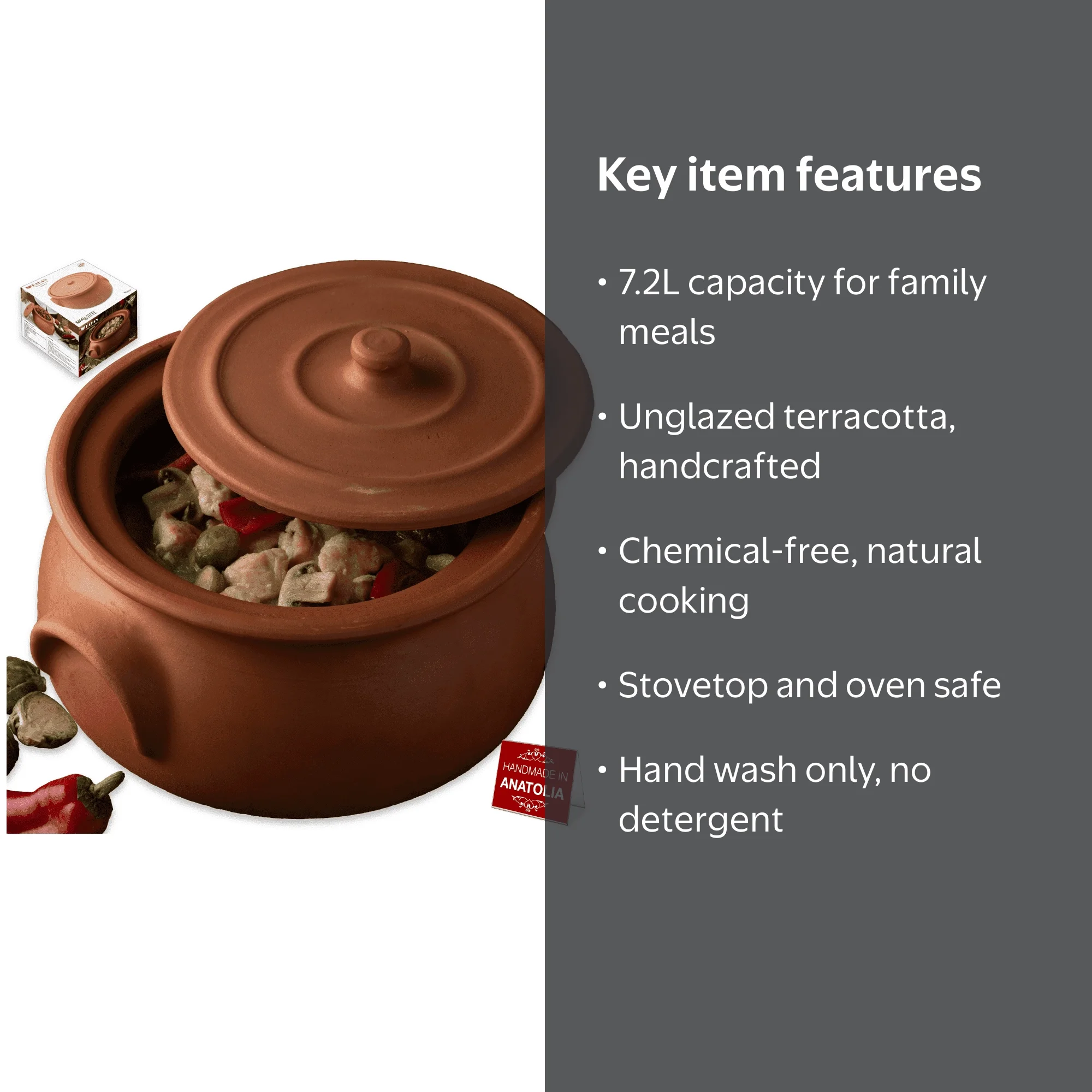 HAKAN, Handmade Clay Cooking Pot, 7.6 Quarts, Unglazed Natural