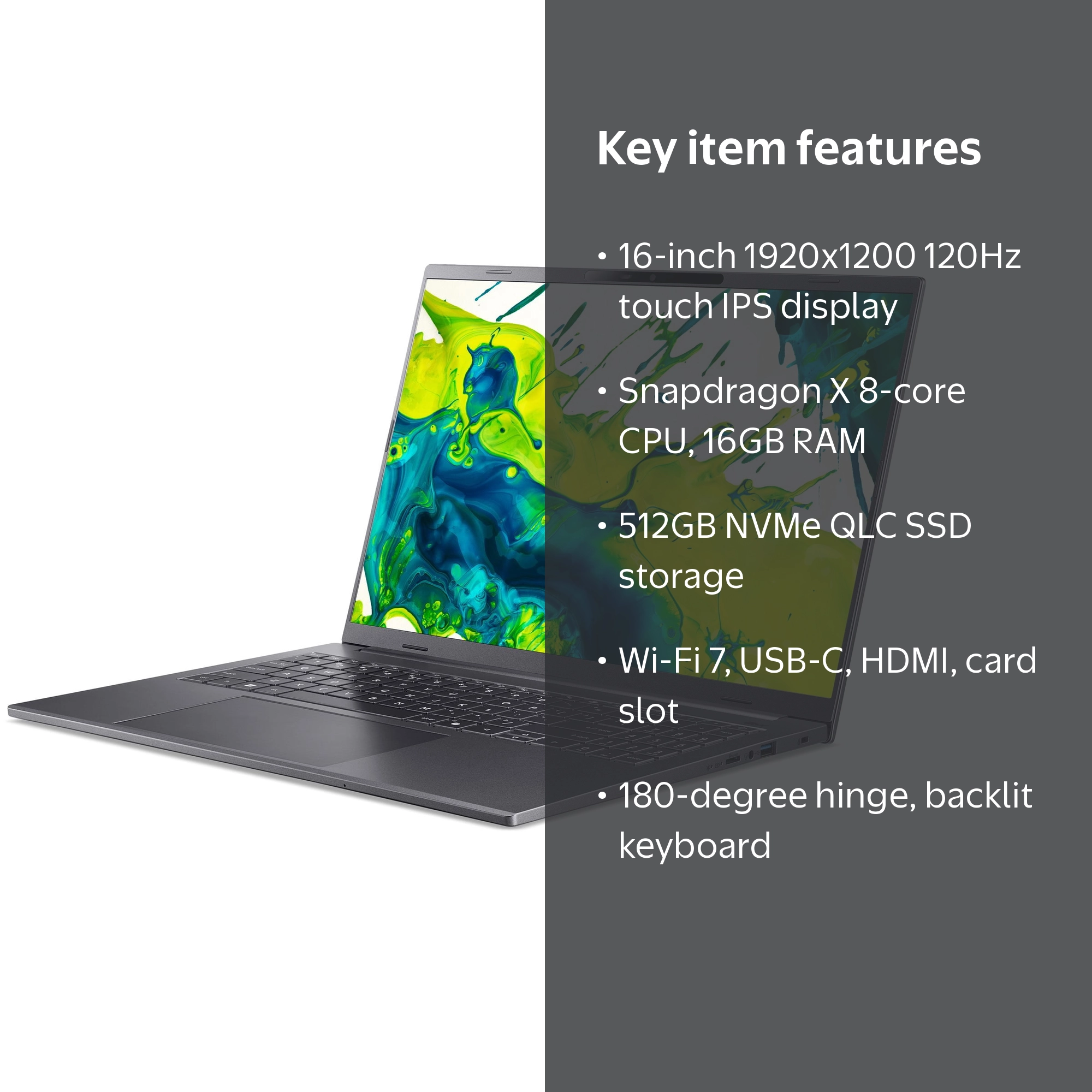 Acer Aspire 16 AI A16-11M - 180-degree hinge design - Snapdragon X