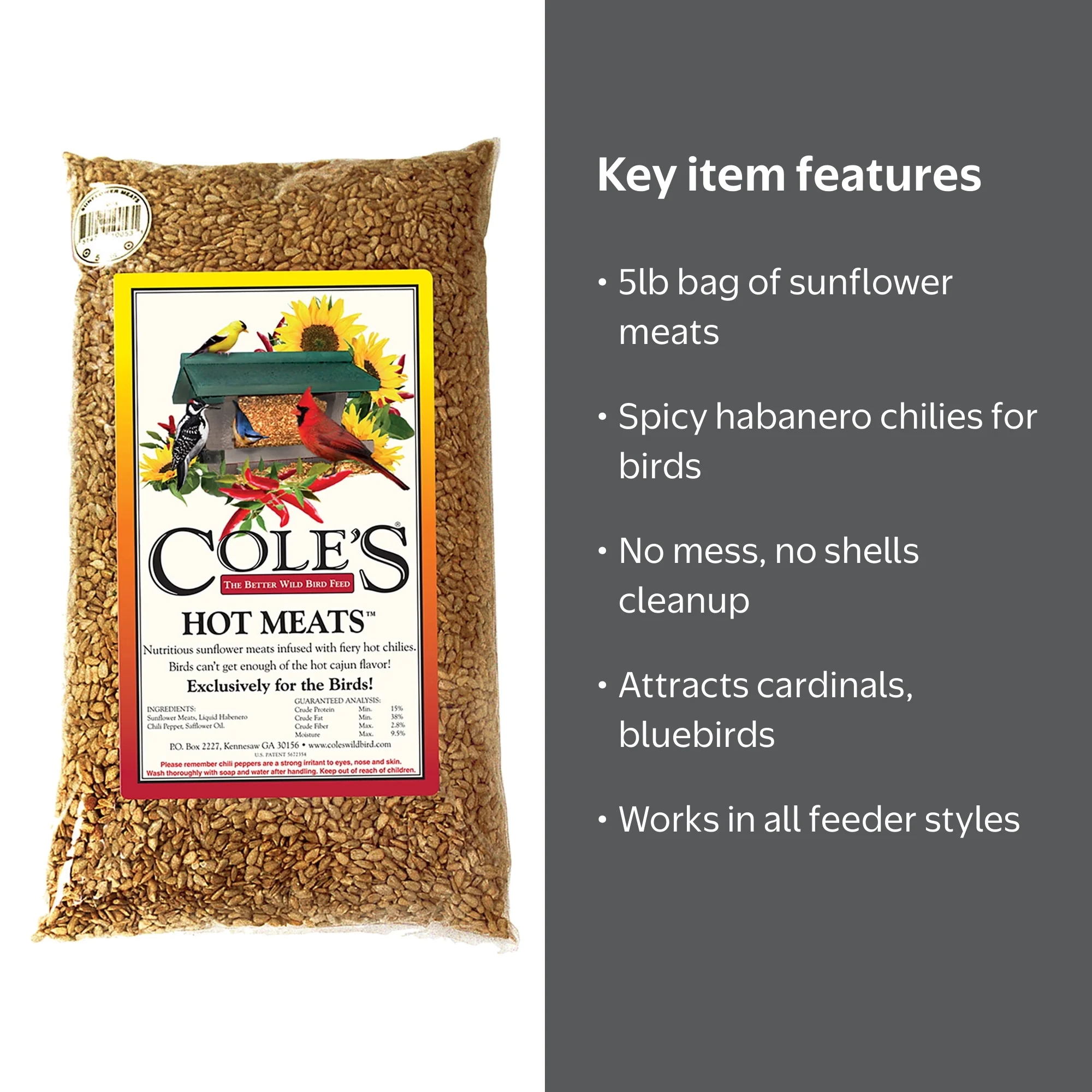 Cole's Hot Pepper Infused Sunflower Meats Bird Feed, 5-Pound