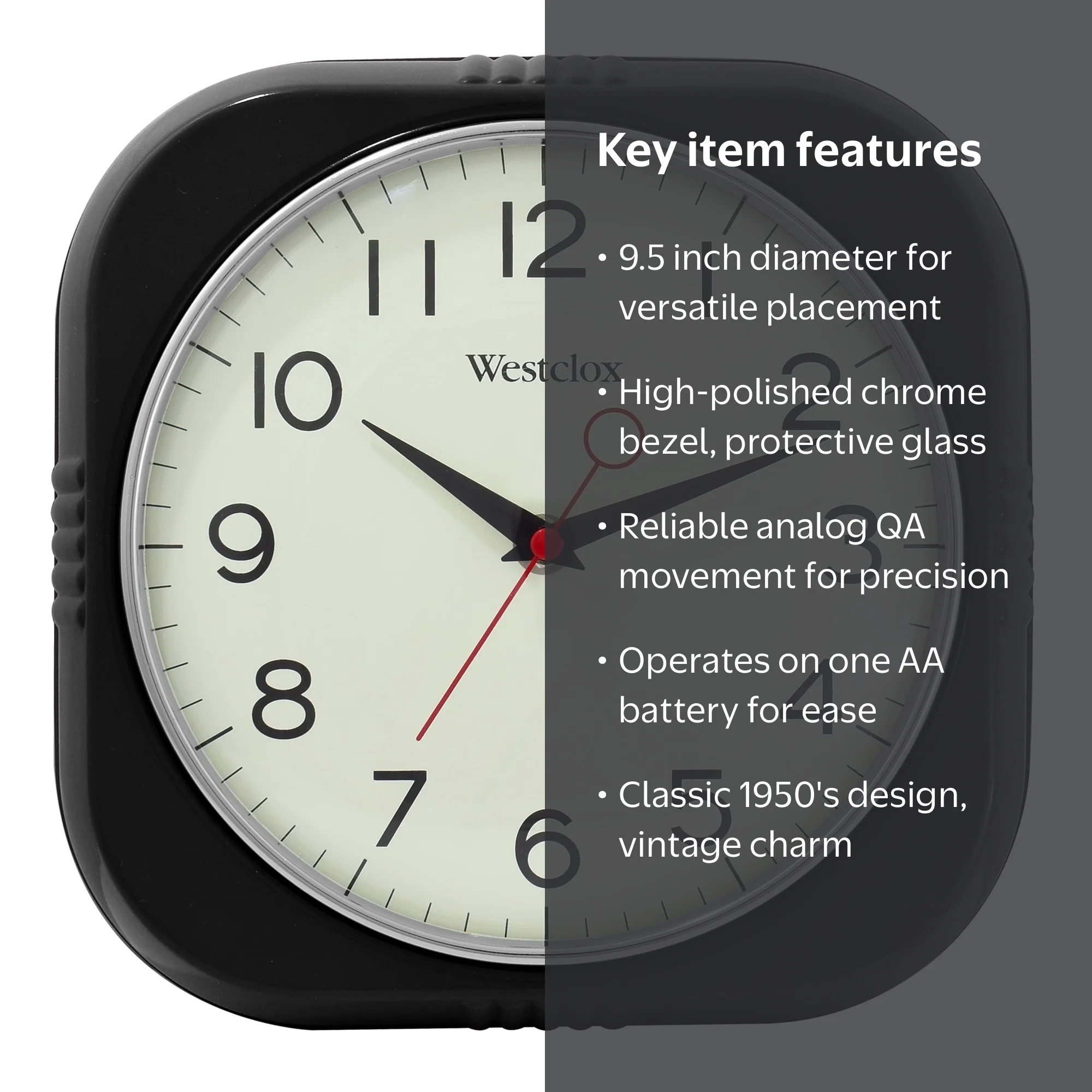 Westclox 1950's Retro Analog QA Wall Clock, 9.5 inches, Black