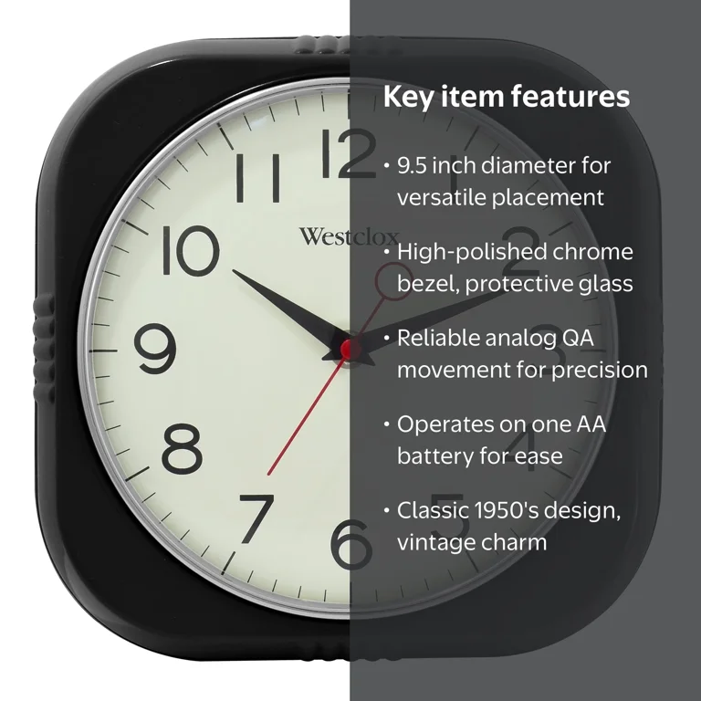 Westclox 1950's Retro Analog QA Wall Clock, 9.5 inches, Black