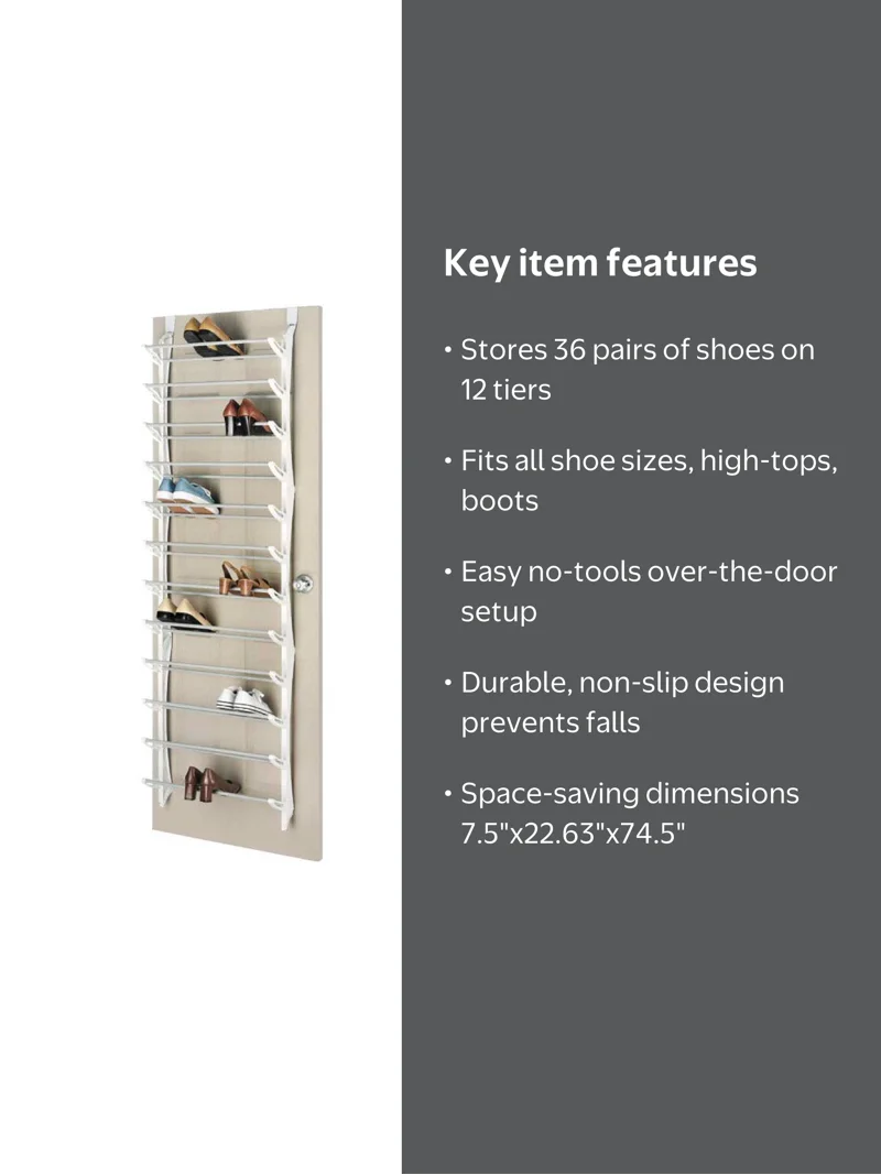 Whitmor Over-the-Door Shoe Rack - 36 Pair, 12-Tier, White Steel