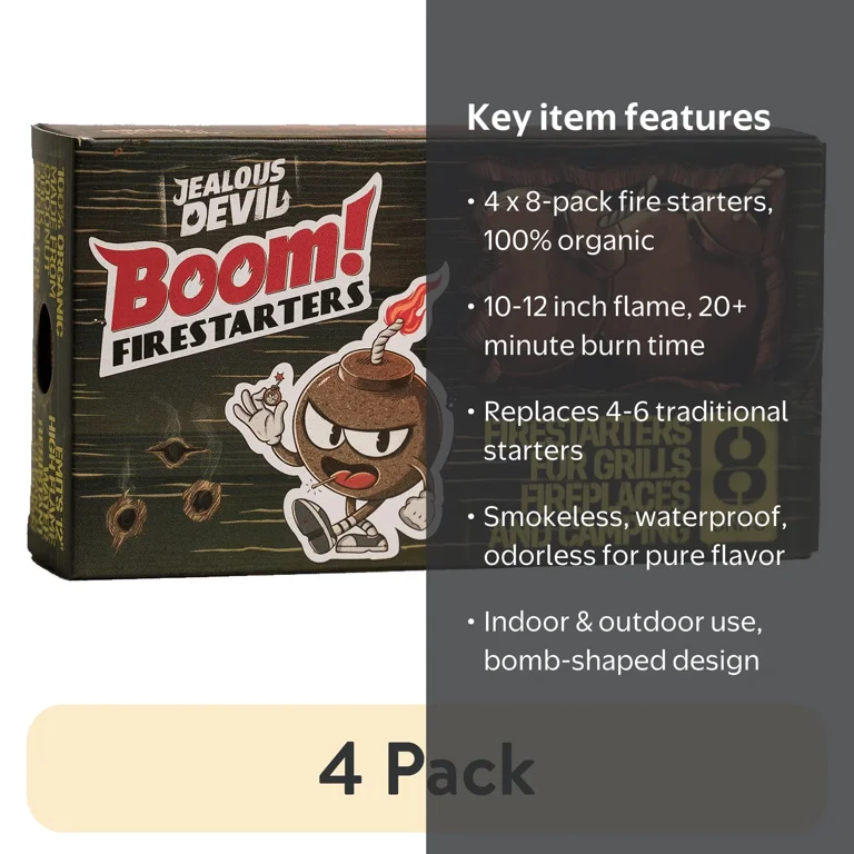 4 pack) Jealous Devil Boom Fire Starters 8 Pack for Charcoal