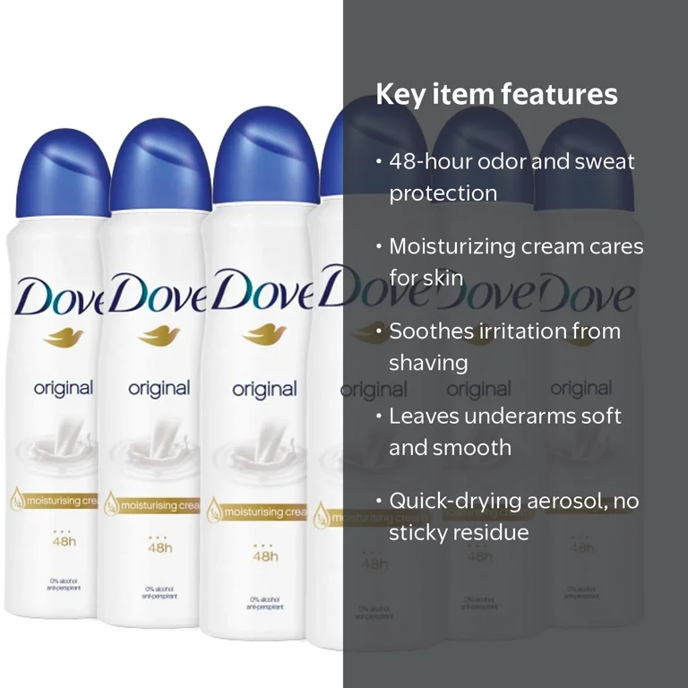 Dove Original Antiperspirant Deodorant Spray for Women, 48-Hour Odor & Sweat Protection, Moisturizing Cream Formula, 250ml / 8.45 oz, 6 Pack