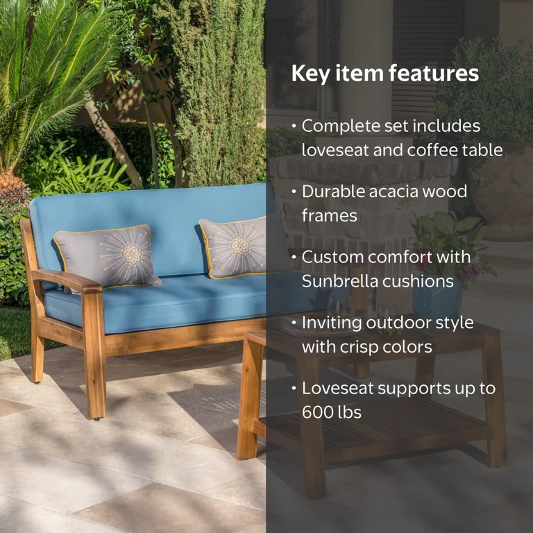 Wilcox Outdoor Acacia Wood Loveseat and Coffee Table Set with
