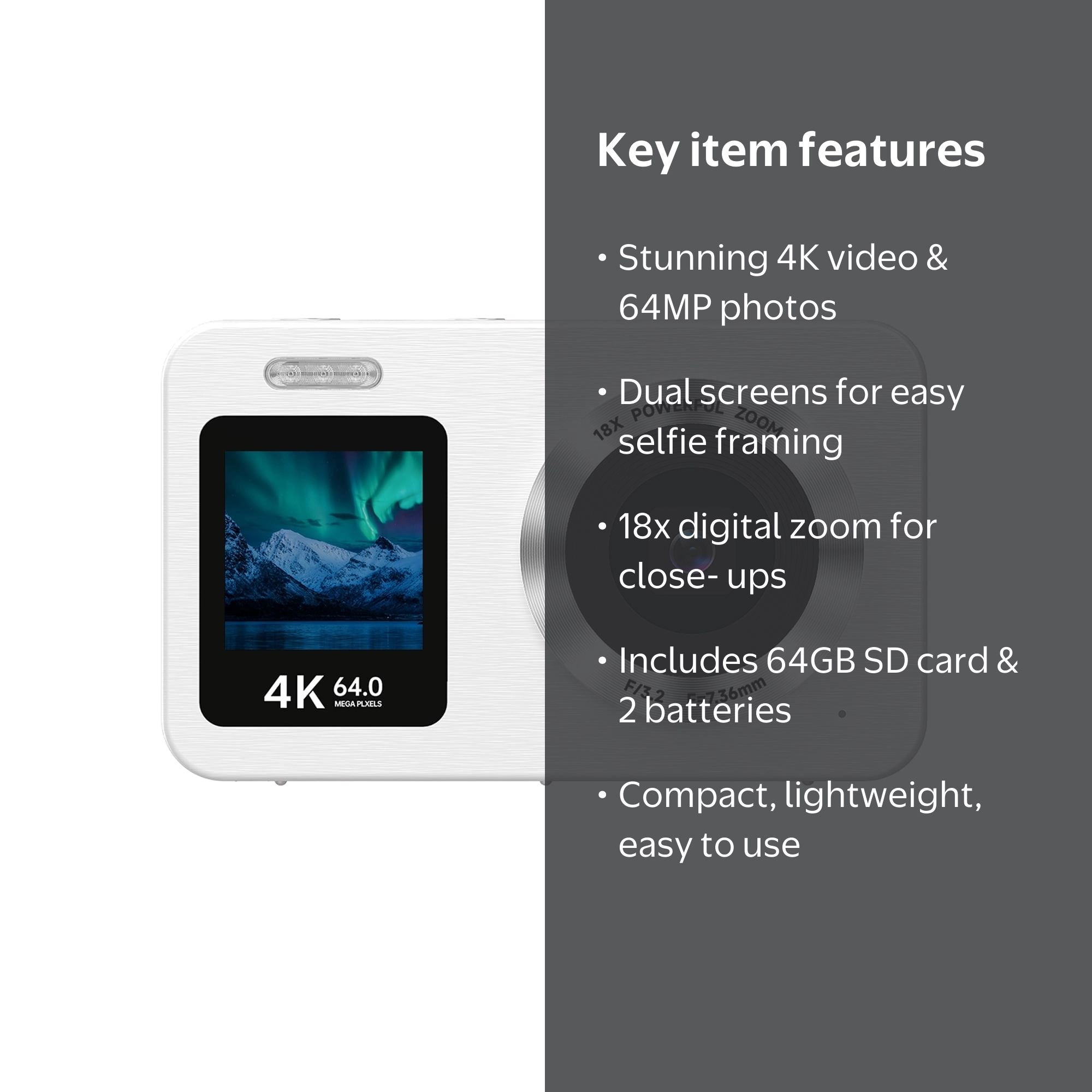 Froura 4K Digital Camera, 64MP, Dual-Screen Vlogging Camera, 18X