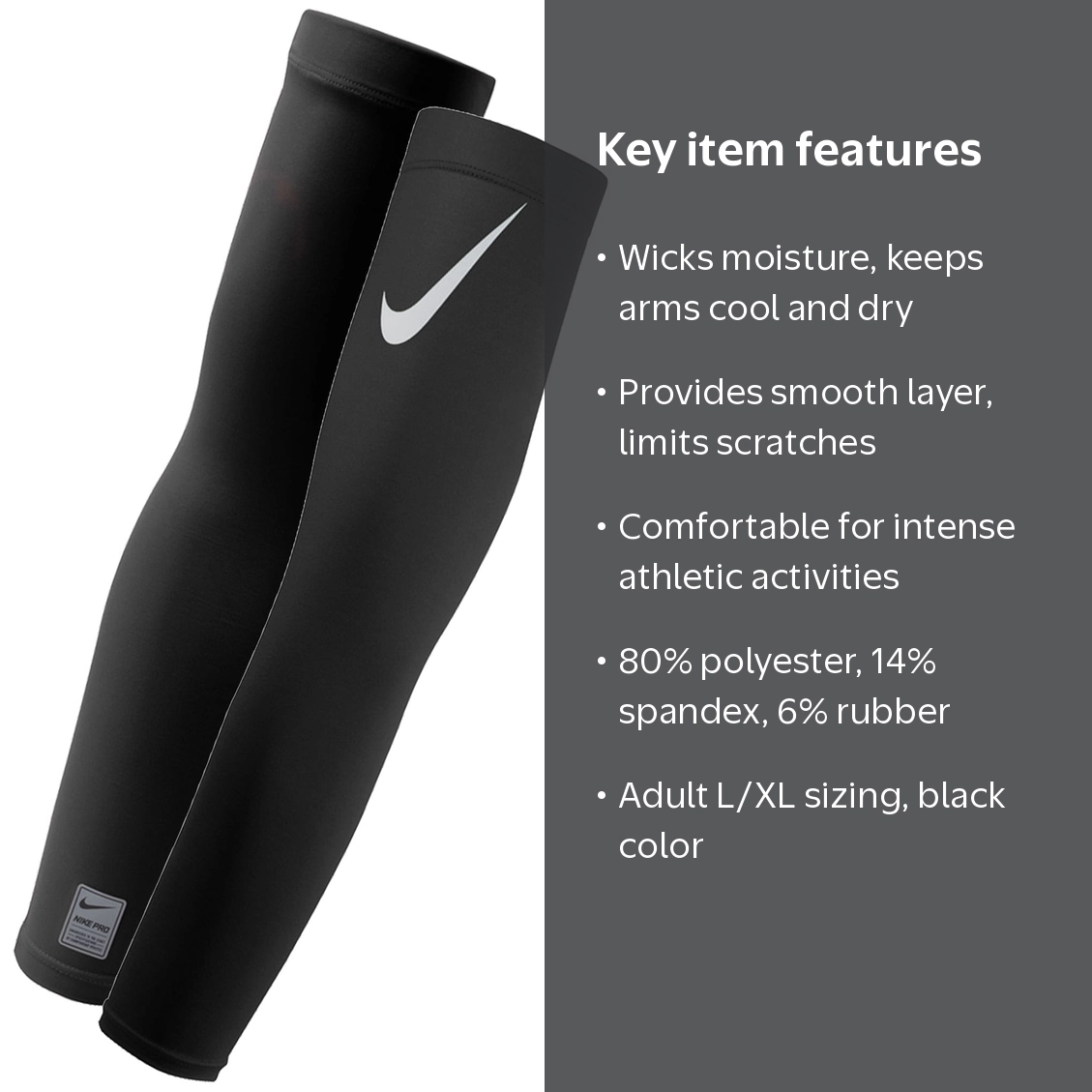 Nike, Athletic Arm Sleeves, L/XL, 2 pack, Moisture Wicking