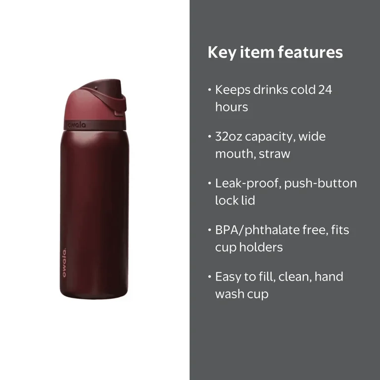 Owala, Water Bottle, 32oz, Insulated Stainless Steel Black Cherry