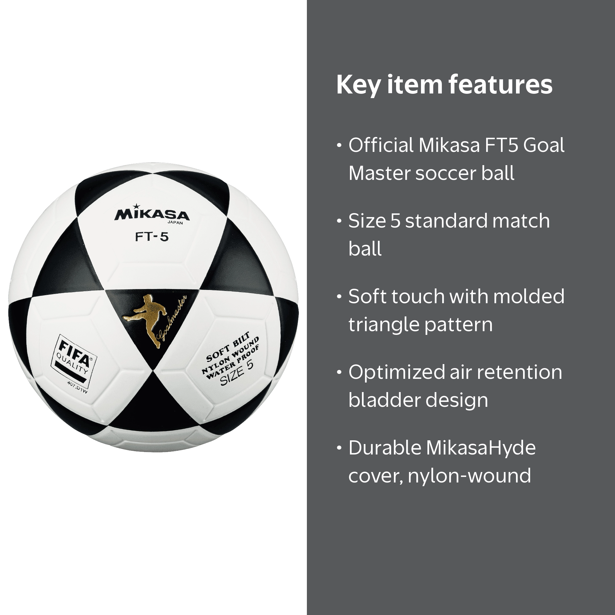 Mikasa, Soccer Ball, FT5 Size 5, White and Black Outdoor Durable