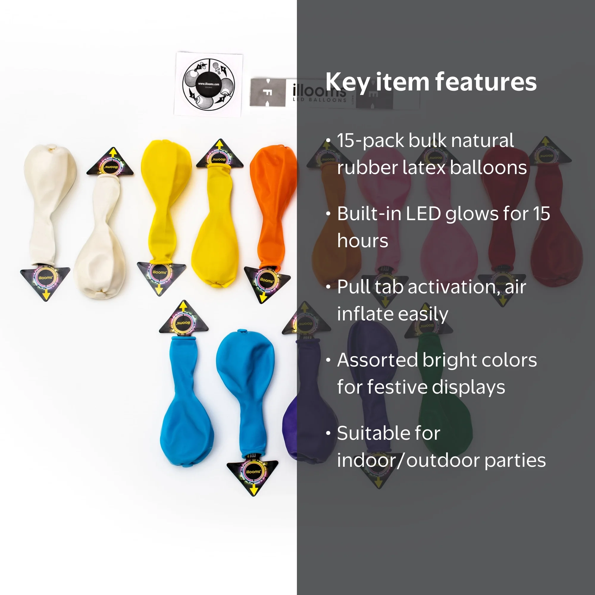 illooms LED Latex Light-Up Balloons, Assorted Colors, 15 pack