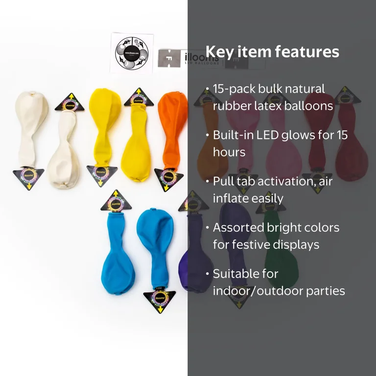 illooms LED Latex Light-Up Balloons, Assorted Colors, 15 pack