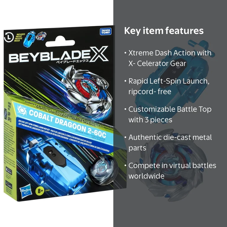 Beyblade X Cobalt Dragoon 2-60C Left-Spin String Launcher Set