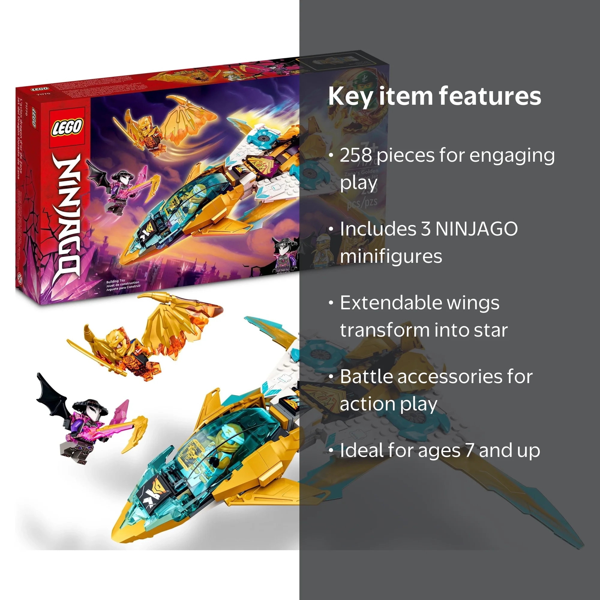 LEGO NINJAGO Zane's Golden Dragon Jet, 71770 Toy Plane Set for