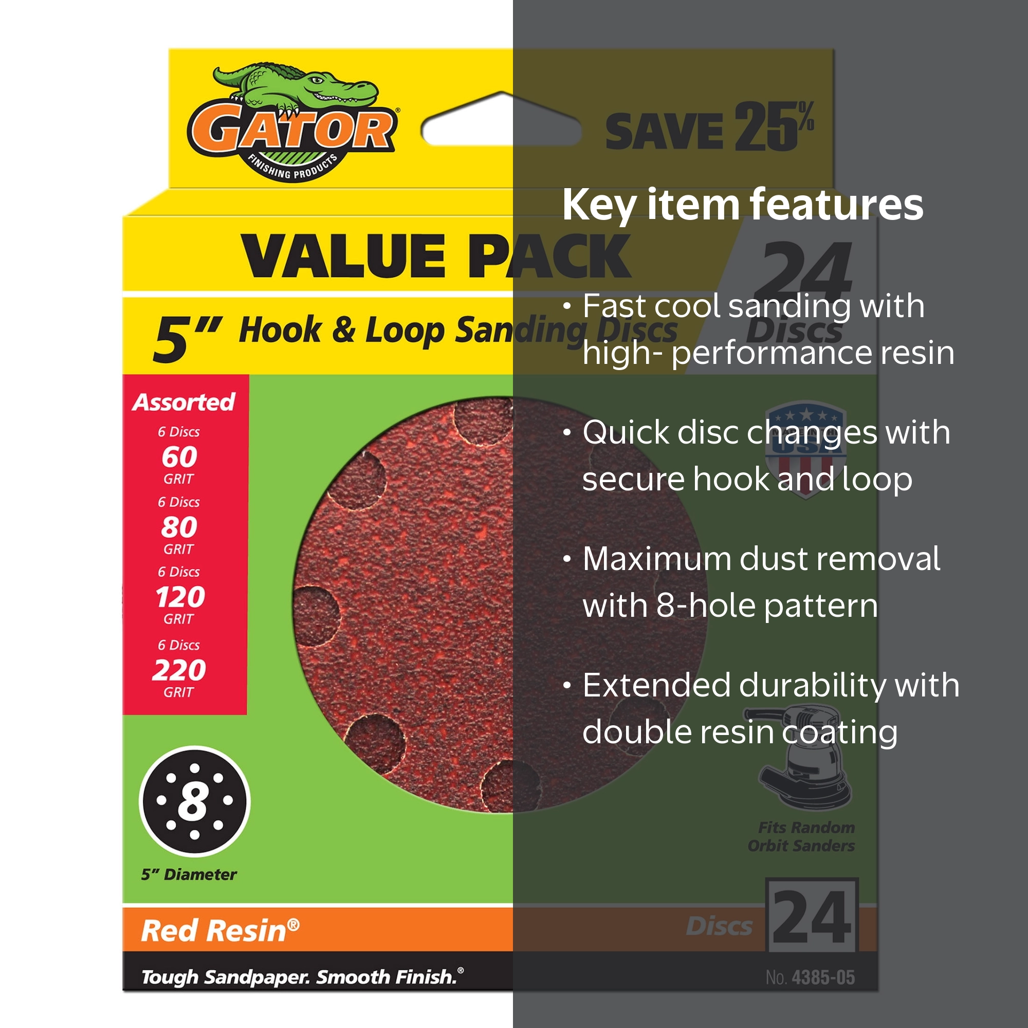 Gator 438505 5 in Assorted Grit Hook & Loop Sanding Discs, 24