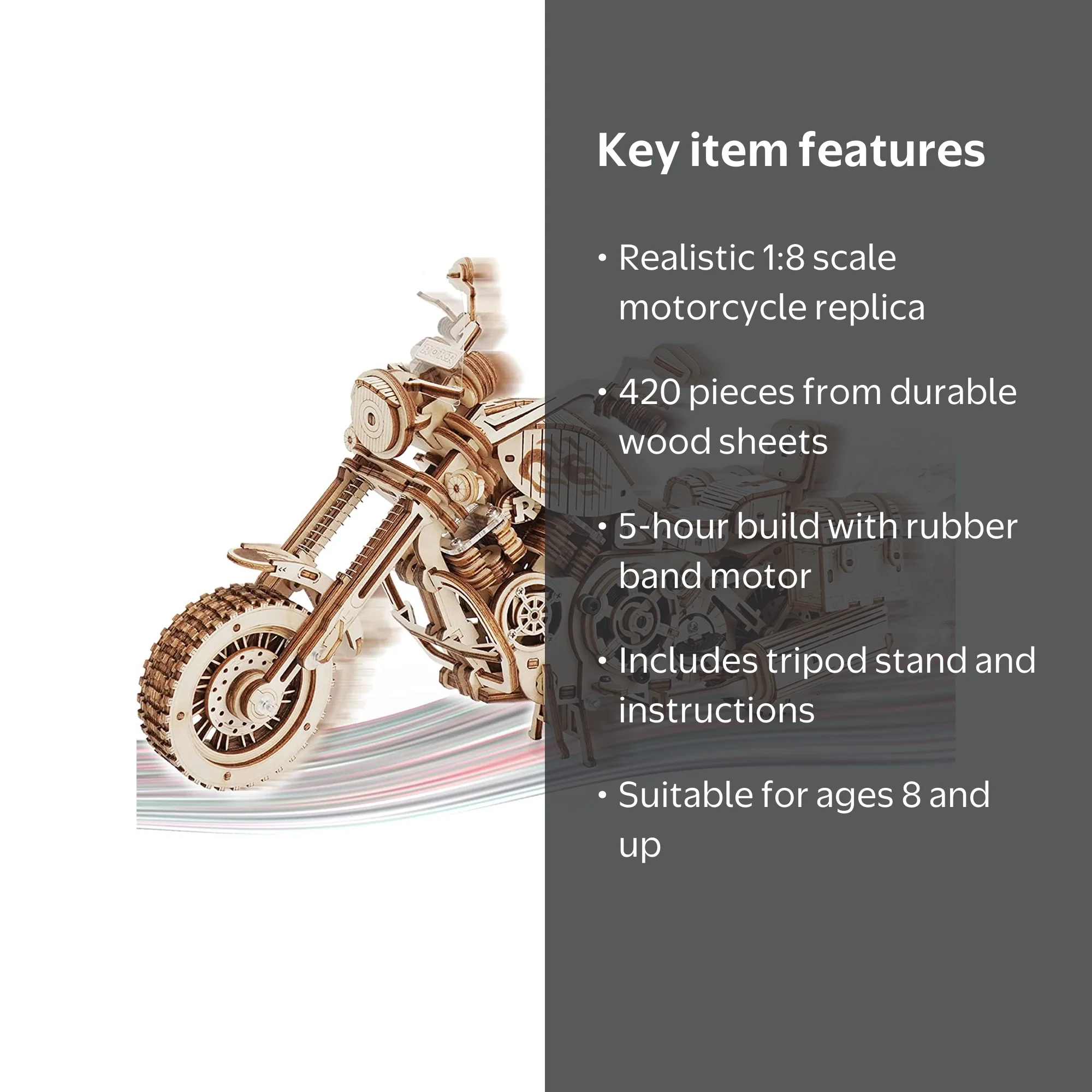 ROKR 3D Wooden Motorcycle Model Kit, 420PCS DIY 1:8 Mechanical