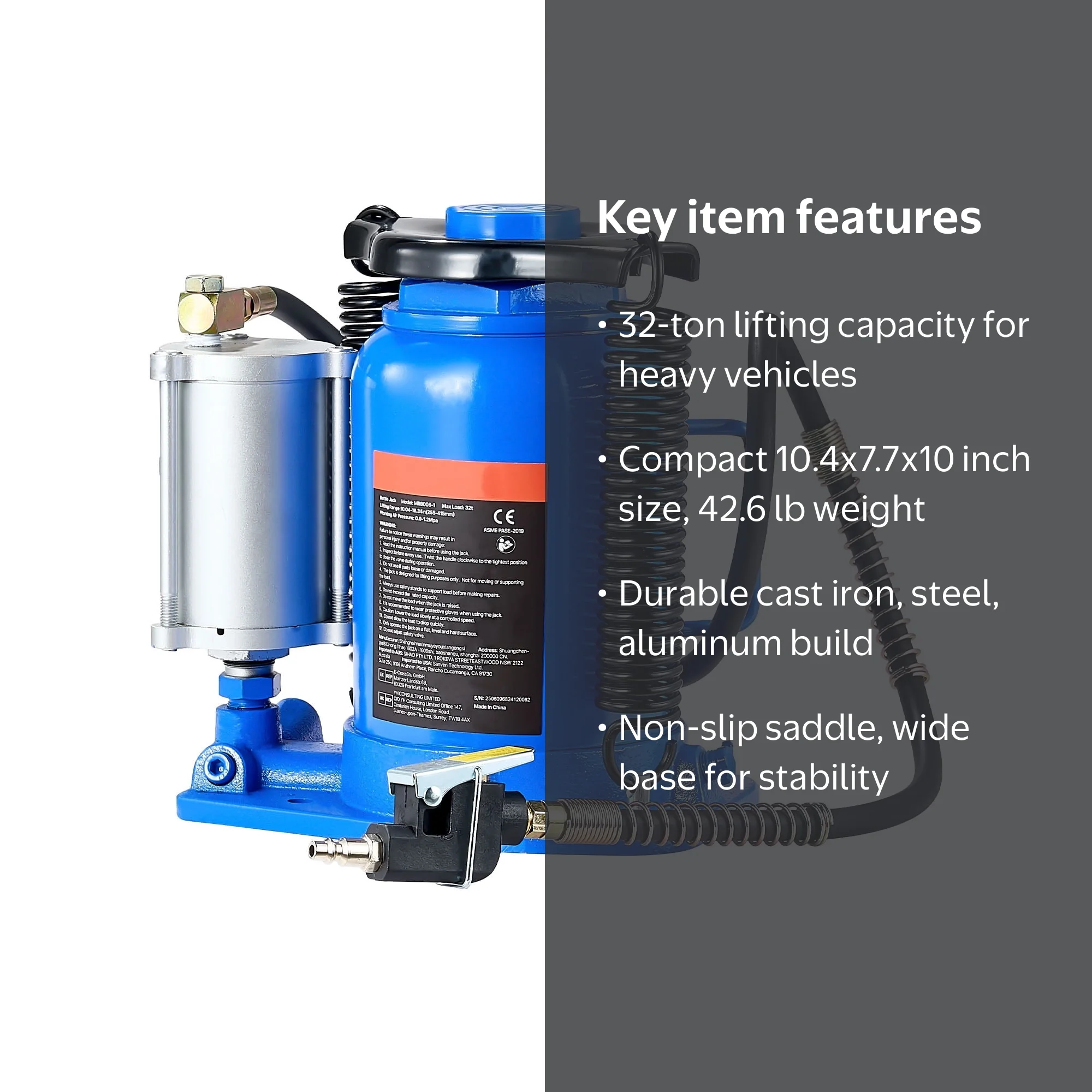 KFFKFF 32-Ton Air Hydraulic Bottle Jack, 10-16.3 Inch Lift Range