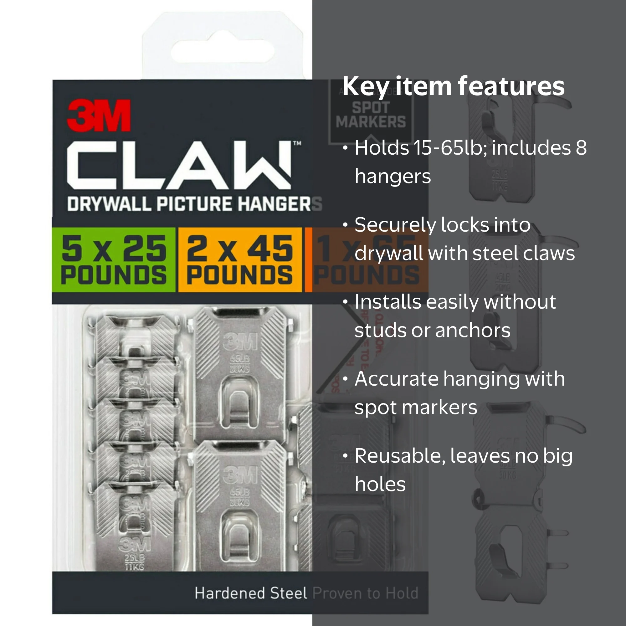 D-CLAW 3点セット 3M CLAW Drywall Picture Hanger Kit with Spot Markers, Holds Up To