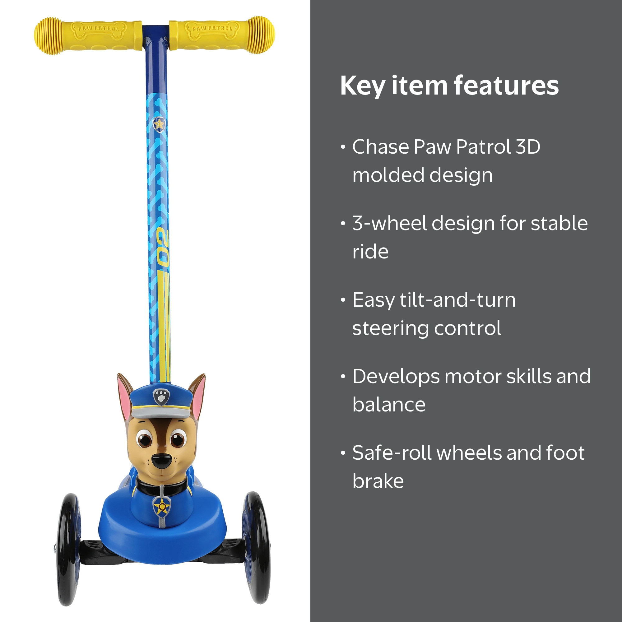 PAW Patrol Chase 3D Scooter, 3 Wheels, Tilt to Turn, Ages 3+