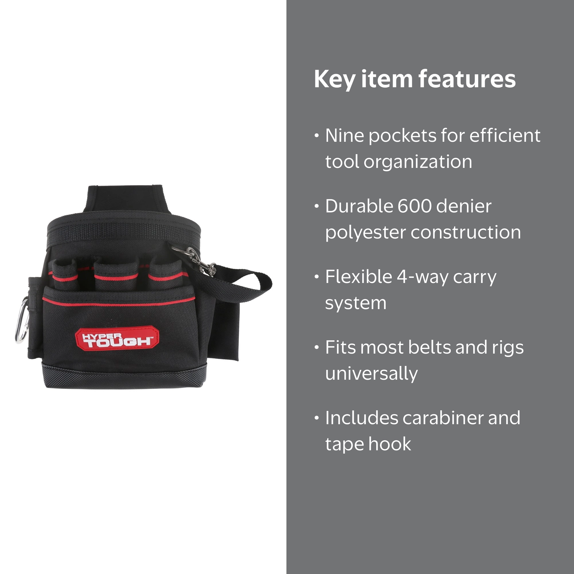 Hyper Tough 9 Pocket Tool Pouch, 600D Polyester, Carabiner