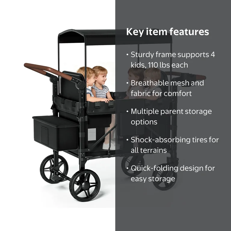 Vipsafe Foldable Wagon Stroller for 4 Kids, Detachable Canopy