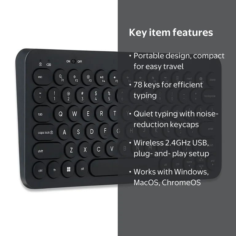 Onn+ Mini Compact Wireless Keyboard, 78 Keys, USB Receiver, Noise