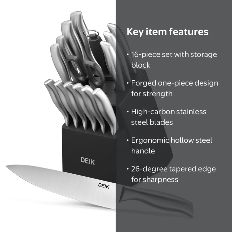 Deik Knife Set with Block, 16 Pieces Kitchen Knife Set with with Boning Knife and Carving Fork