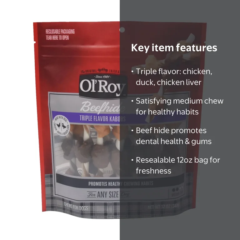 Ol' Roy Beefhide Triple Flavor Dog Chews 12oz Treats with Chicken