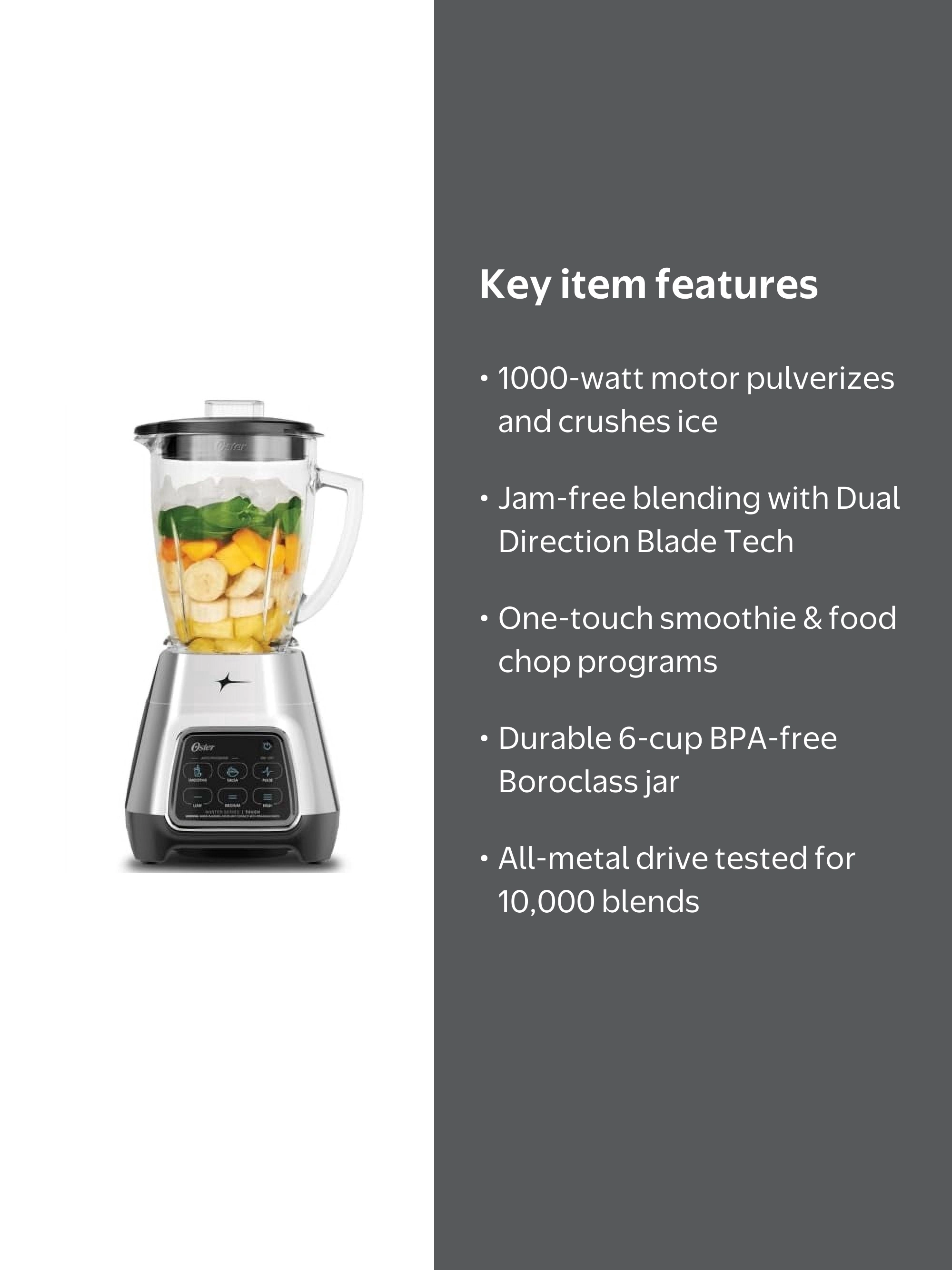 Oster 1000W 2-in-1 Power Reversing Glass Smoothie Jar Blender with
