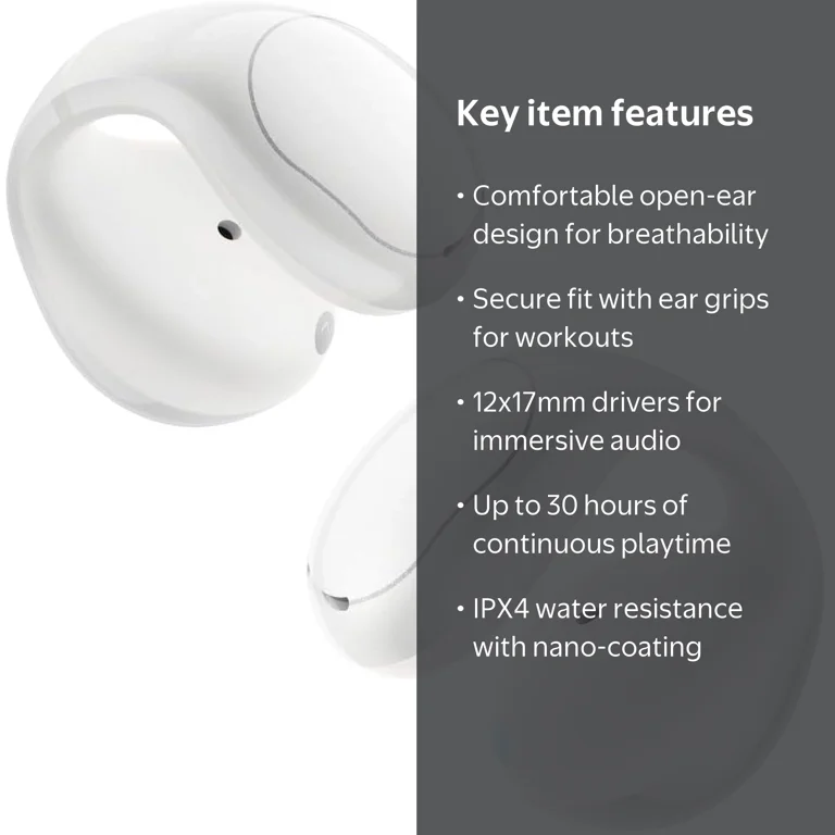 Soundcore, Open-Ear Earbuds, Clip-On Headphones, White, 30 Hours